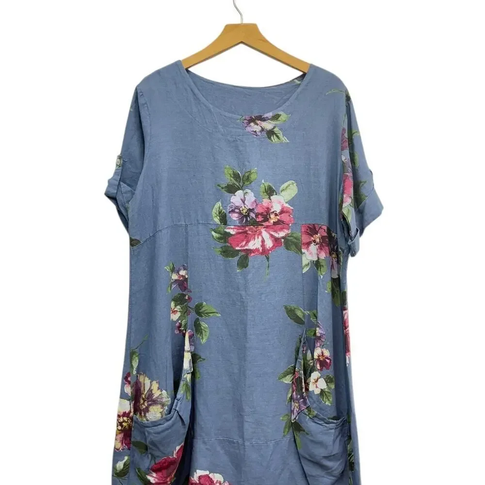 VASNA Rolled Sleeve Floral Linen Tunic Dress in Dusty Blue size Large NWT - Picture 3 of 6